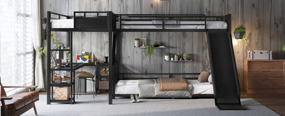 L-Shaped Metal Bunk Bed (Top bed: twin xl, bottom bed: queen) with Single Loft Bed, Desk, and Storage Shelves, USB Charging Port Included - Metal Triple Bunk Bed with Slide,B
