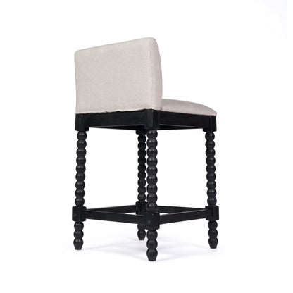 Farmhouse Coastal Counter Stools Set of 2,  Rubberwood Bobbin Legs, Linen-Like Upholstered Bar Stool with Backrest, 300 LBS Capacity Kitchen Island Stools