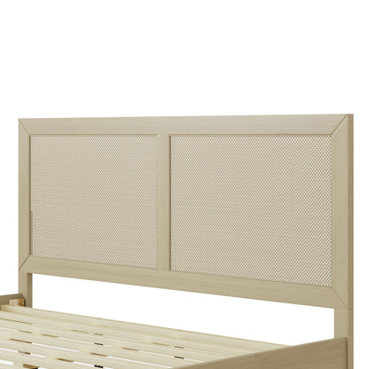 Solid Wood Platform King Bed With Rattan