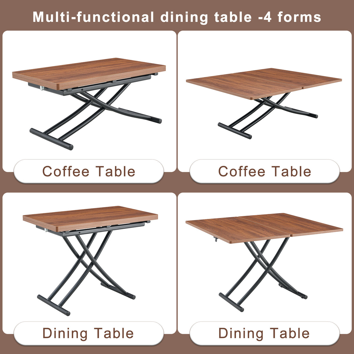 Modern minimalist multifunctional lift table with 0.8 inch thick MDF desktop and black metal legs, can be used as a dressing table, coffee table, dining table, and office table.Walnut textured desktop