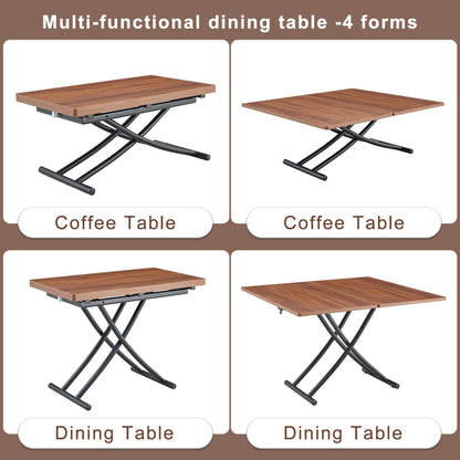 Modern minimalist multifunctional lift table with 0.8 inch thick MDF desktop and black metal legs, can be used as a dressing table, coffee table, dining table, and office table.Walnut textured desktop