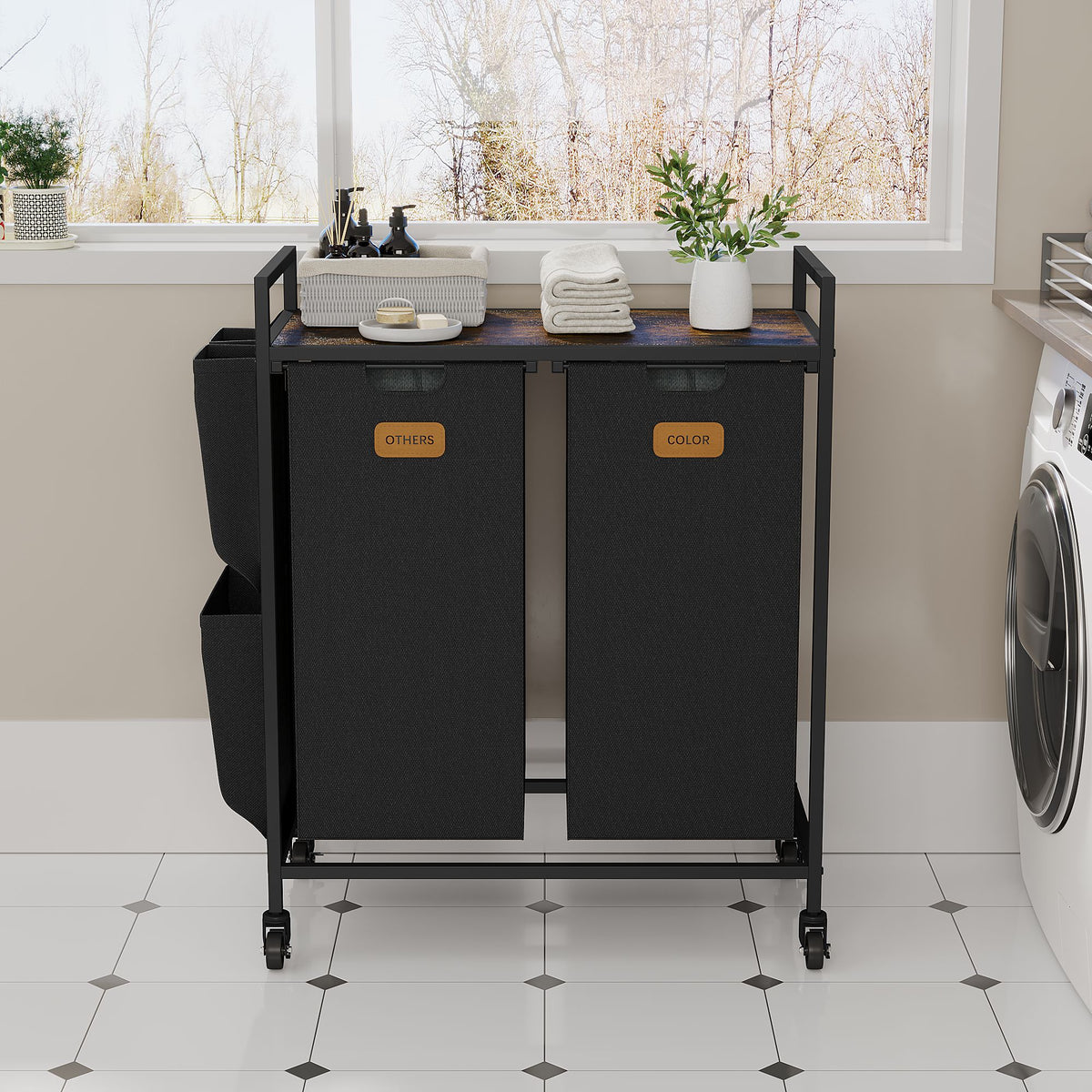 2 Section Laundry Hamper, Laundry Sorter with Wheels, Laundry Basket Organizer with Shelf & 2 Pull-Out Removable Bags, Dirty Clothes Hamper Organizer for Laundry Room Bathroom Dorm ,26.4 gallons(100L)