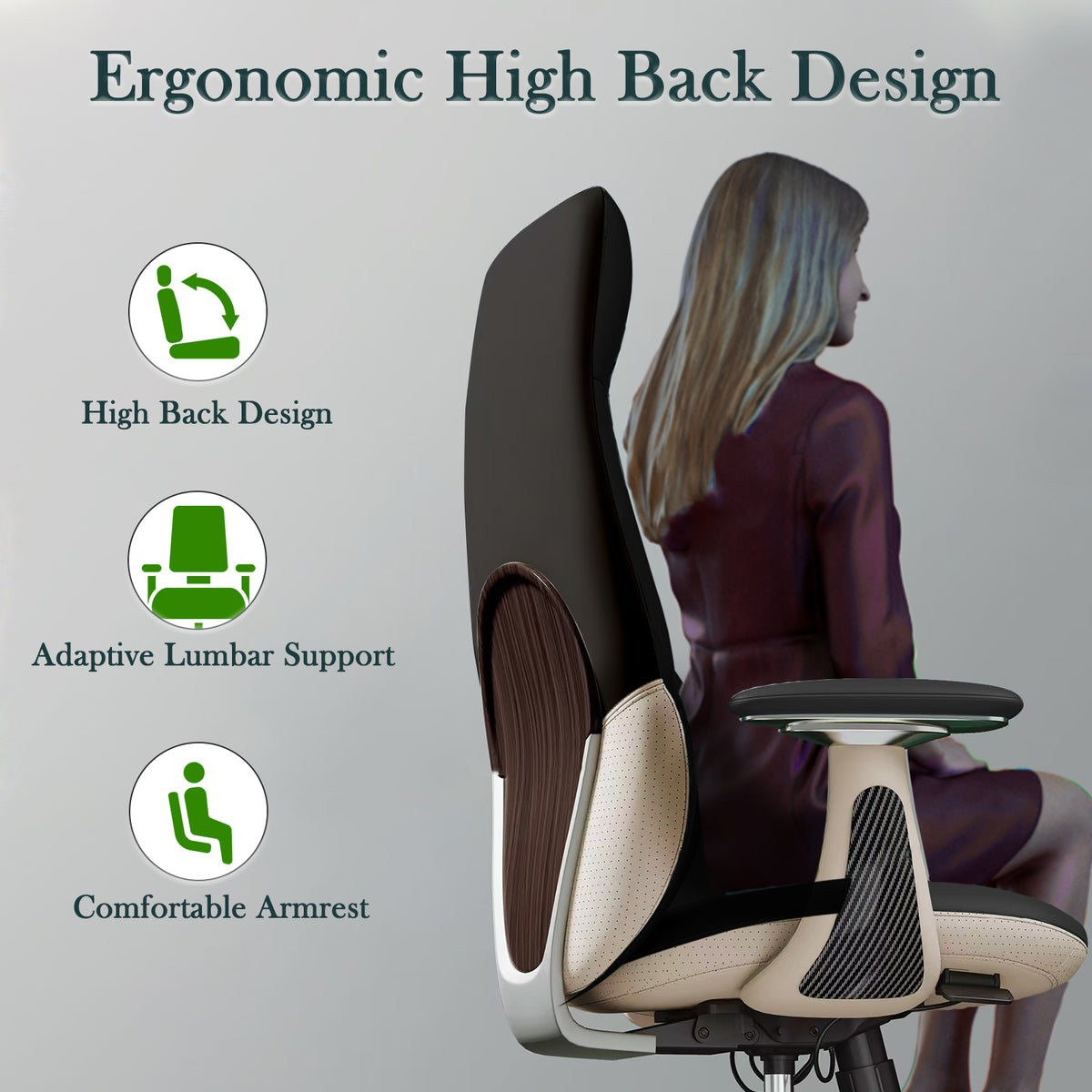 Ergonomic Genuine Leather Executive Chair,400lbs High Back, Elegant Back Pattern,  360° Silent Wheels, Tilt & Depth Adjustable, Movable Armrests, Lumbar Support