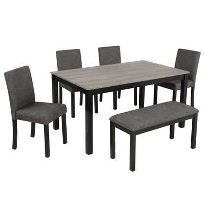 Modern 6-Piece Dining Table Set with Bench and Chairs for Dining Room or Kitchen - Light Grey & Black Two-Tone
