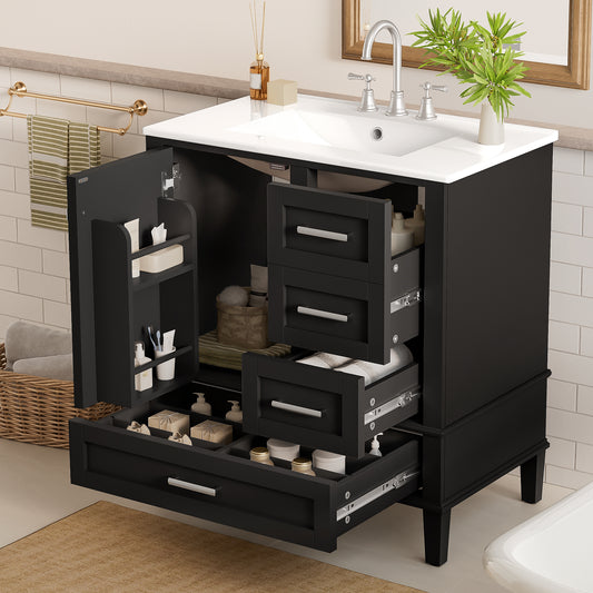 30" Bathroom Vanity, Modern Bathroom Cabinet with Sink Combo Set, Bathroom Storage Cabinet with 1 Soft-Closing Door and 3 Soft-Closing Drawers, Solid Wood Frame (Black)