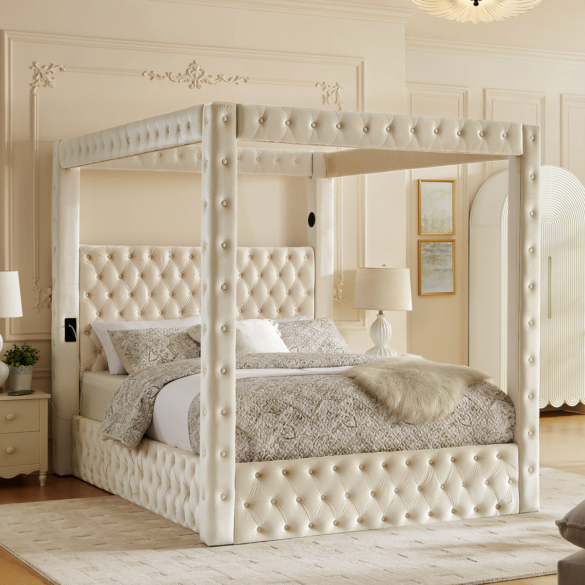 Canopy Bed Frame Queen Size, Velvet Upholstered Platform Bed with Button Tufted Headboard, Built-in Bluetooth Speaker, USB-A & USB-C Charging Ports, Heavy Duty Mattress Foundation, Beige