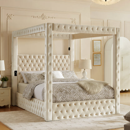 Canopy Bed Frame Queen Size, Velvet Upholstered Platform Bed with Button Tufted Headboard, Built-in Bluetooth Speaker, USB-A & USB-C Charging Ports, Heavy Duty Mattress Foundation, Beige