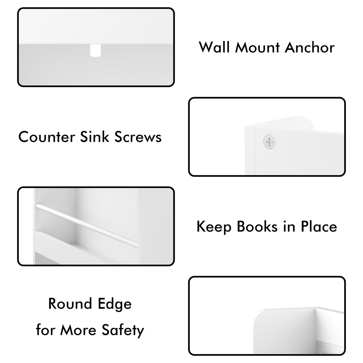 Wall-Mounted Kids Bookshelf with 3 Front-Facing Display Shelves, Modern White Book Rack with Natural Wood Base for Toddler Bedroom