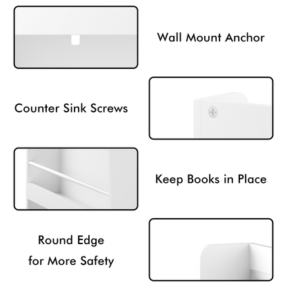 Wall-Mounted Kids Bookshelf with 3 Front-Facing Display Shelves, Modern White Book Rack with Natural Wood Base for Toddler Bedroom