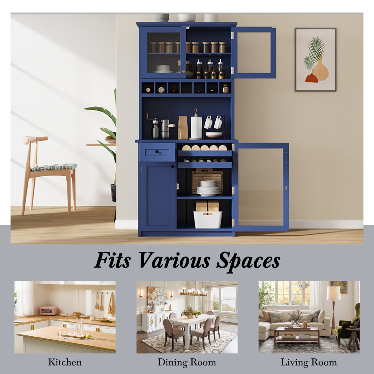 [Assembly Video Provided] TOPMAX Farmhouse 35.4x17.7x74.8inch Freestanding Buffet with Hutch – Blue