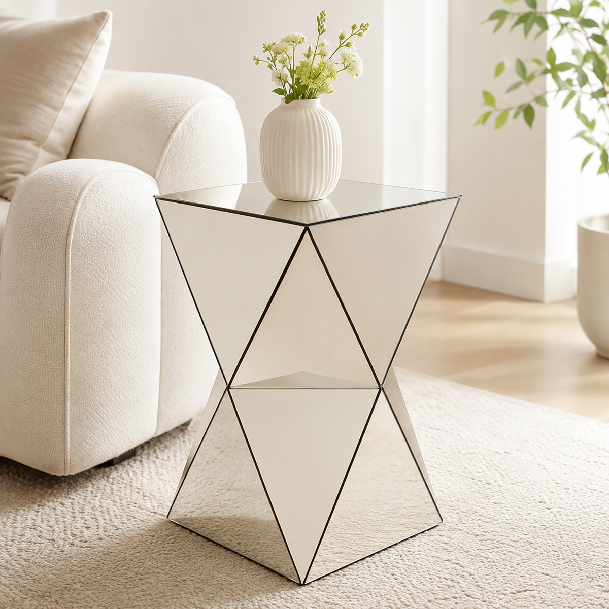 Champagne Mirrored Geometric Side Table, Modern Luxe Accent End Table, Reflective Mirror Decorative Nightstand for Living Room, Bedroom, Sofa Side