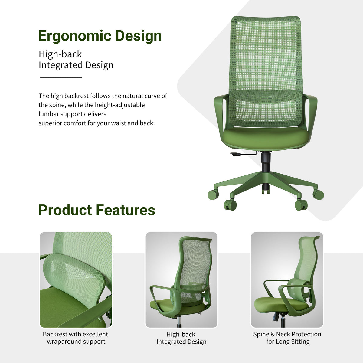 Ergonomic Colorful Office Chair 350LBS Home Office Mesh Breathable High Back, With Adjustable Lumbar Support Computer Chair - Green