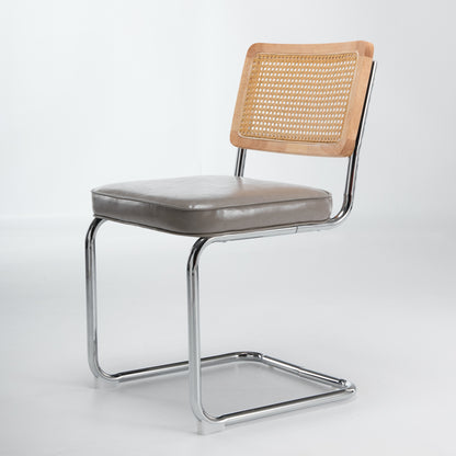 Dining Chairs Set of 2,Mid‑Century Modern Cane Rattan Dining Chair with Solid Wood Frame,Faux Leather Upholstered Seat,Cantilever Chrome Metal Frame Armless Side Chair for Kitchen Dining Room,SW1751GG