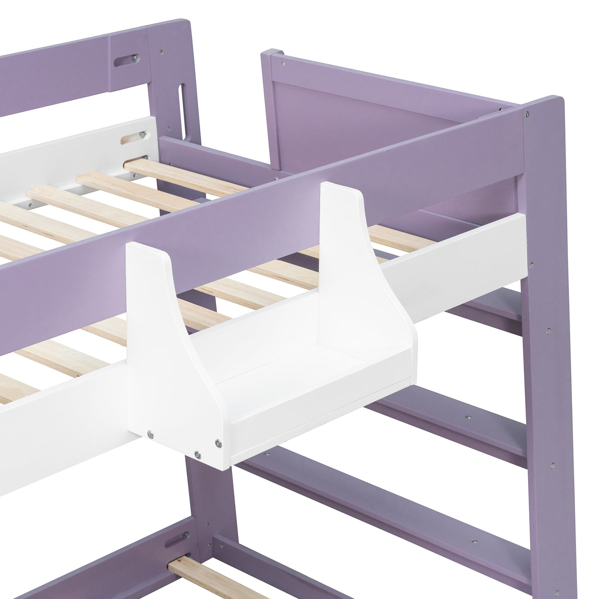 Twin Over Twin XL Bunk Bed with Storage Shelves & Guardrail Storage Basket, White+Light Purple