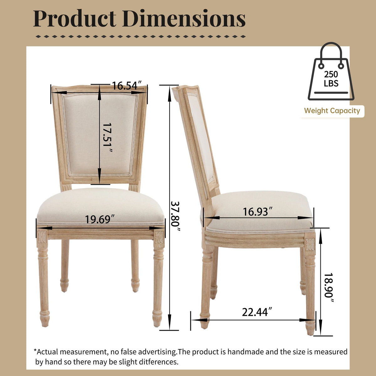 French Country Dining Chairs Set of 2, Upholstered Chairs with T-shaped Back, Wire drawing and carving techniques, Disassemblable