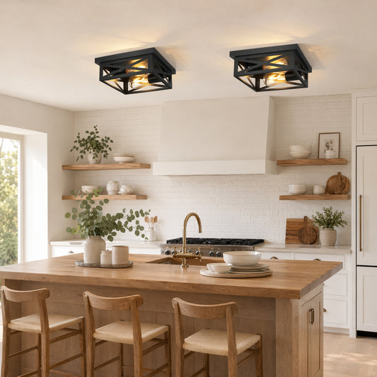 2 Pack 2-Light Matte Black Square Flush Mount Ceiling Light, Industrial Crisscross Hollow Metal Cage Close to Ceiling Light Fixture, Farmhouse Rustic Ceiling Lamp for Hallway, Entryway(No light bulb)