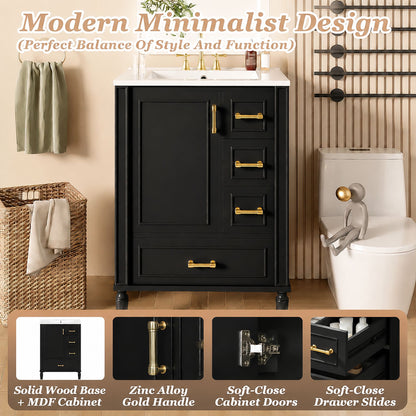 24' Modern Bathroom Vanity with Ceramic Sink, Soft-Close Door, 3 Drawers, Gold Handles, and Door-Mounted Rack for Space-Saving Storage(Old SKU:N729P373272B)