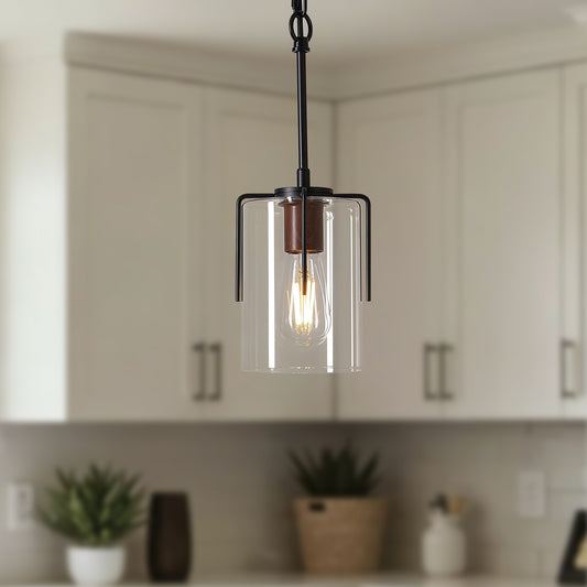 Modern Farmhouse Industrial Pendant Light with Clear Glass Shade, Adjustable Metal Pendant Lighting for Kitchen Island Dining Room Entryway