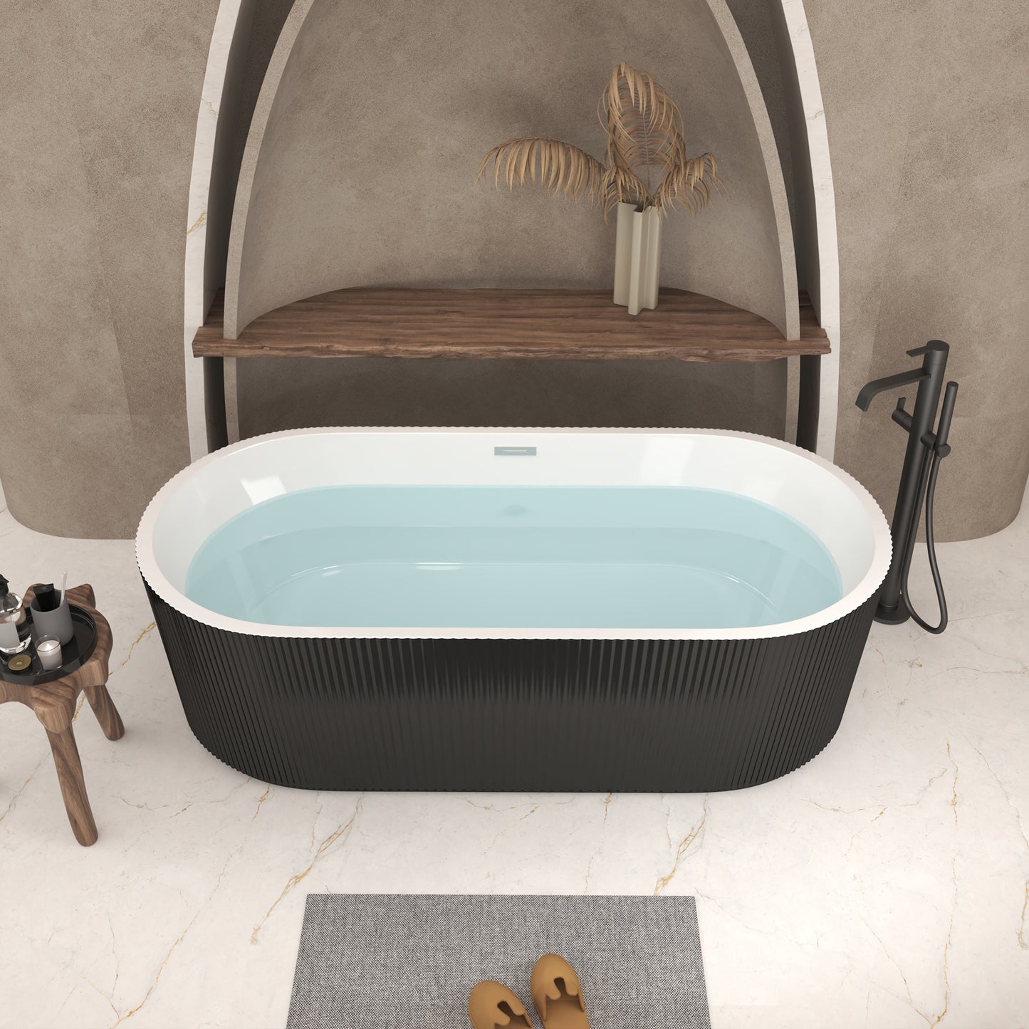 59' Linear Acrylic Freestanding Bathtub Stand Alone Soaker Tub, Glossy Black Acrylic, POP-UP Chrome Drain, cUPC Certified