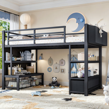 Twin Metal Low Loft Bed for Kids, Low Loft Bed with Storage Drawer, Low Loft Bed with Bookshelf & Storage Bag, Sturdy Low Loft bed Frame with Open Storage Space for Bedroom, Black
