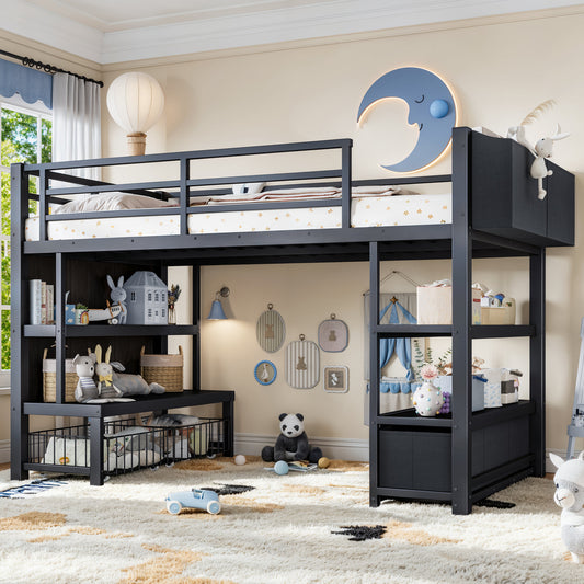 Twin Metal Low Loft Bed for Kids, Low Loft Bed with Storage Drawer, Low Loft Bed with Bookshelf & Storage Bag, Sturdy Low Loft bed Frame with Open Storage Space for Bedroom, Black
