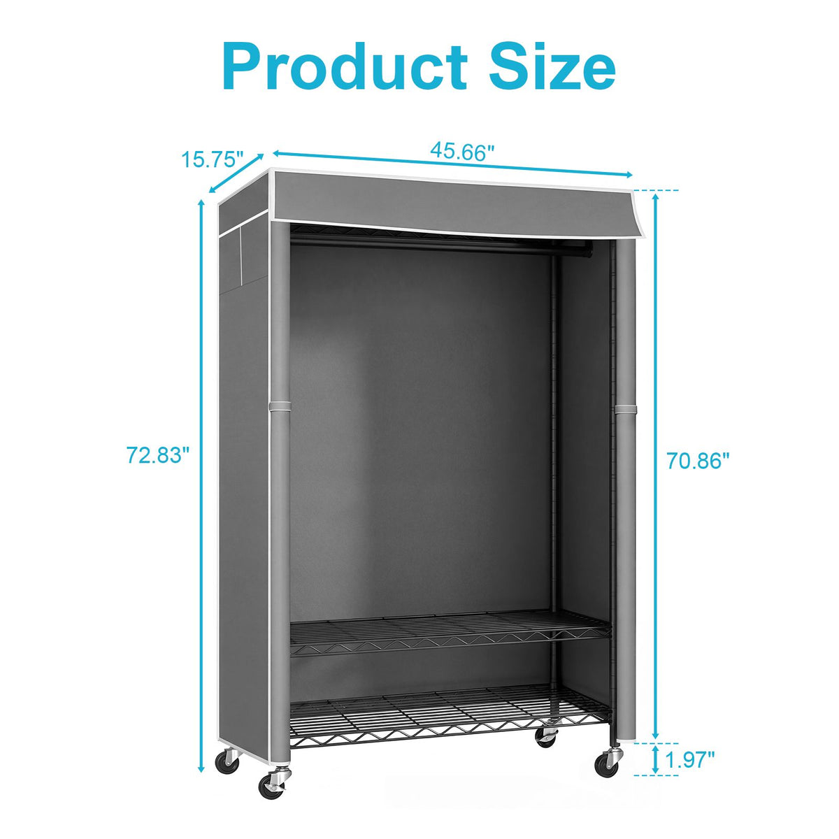 Clothes Rack with Cover, Rolling Clothes Rack, Heavy Duty Garment Rack with Shelves & Grey Cover, Clothes Rack with Side Pocket, Portable Closets for Hanging Clothes, 45''W×15.7''D×72.83''H, Black