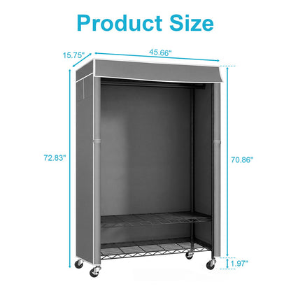Clothes Rack with Cover, Rolling Clothes Rack, Heavy Duty Garment Rack with Shelves & Grey Cover, Clothes Rack with Side Pocket, Portable Closets for Hanging Clothes, 45''W×15.7''D×72.83''H, Black
