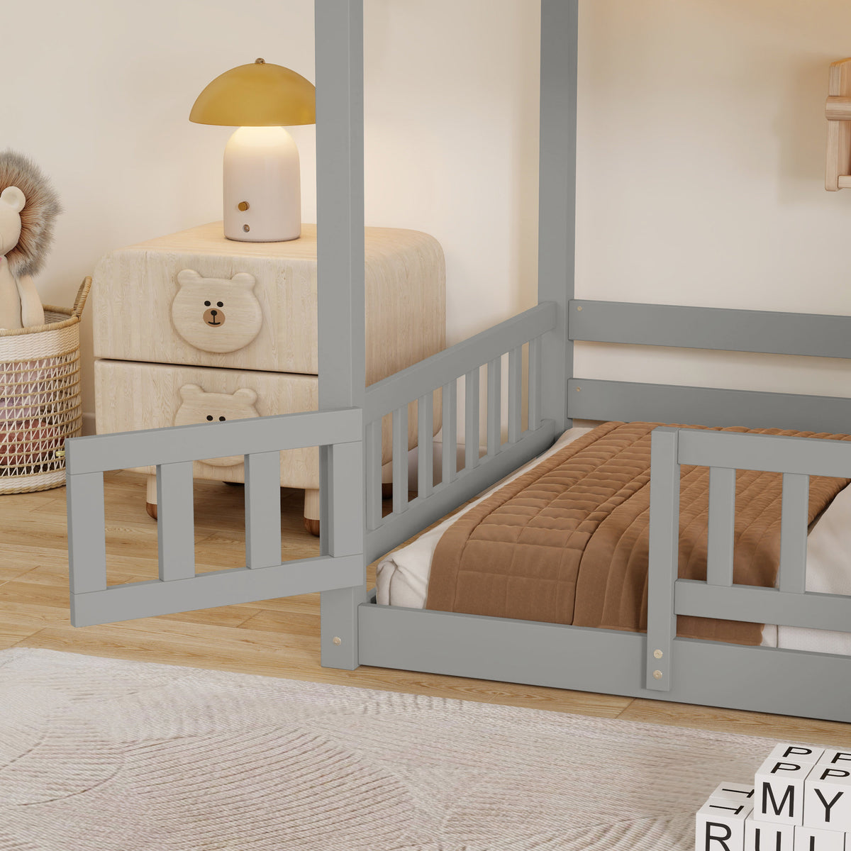Twin Over twin Bunk Bed with Slide, Storage Staircase, Bedside Storage Rack,LED lights,Pine Solid Wooden Bunk Bed with Safety Guardrails ,Grey