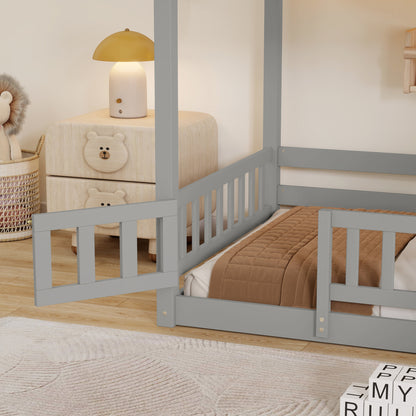 Twin Over twin Bunk Bed with Slide, Storage Staircase, Bedside Storage Rack,LED lights,Pine Solid Wooden Bunk Bed with Safety Guardrails ,Grey