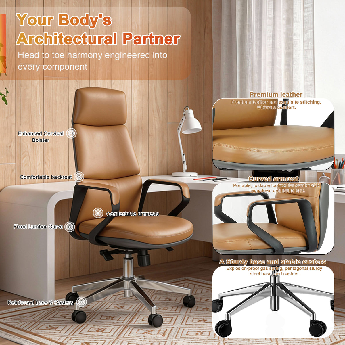 FurniBaron PU Leather High Back Office Chair with , ergonomic lumbar support 400lbs, sturdy metal base, 360° silent wheels, fit for home and office