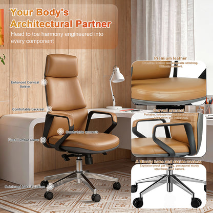 FurniBaron PU Leather High Back Office Chair with , ergonomic lumbar support 400lbs, sturdy metal base, 360° silent wheels, fit for home and office