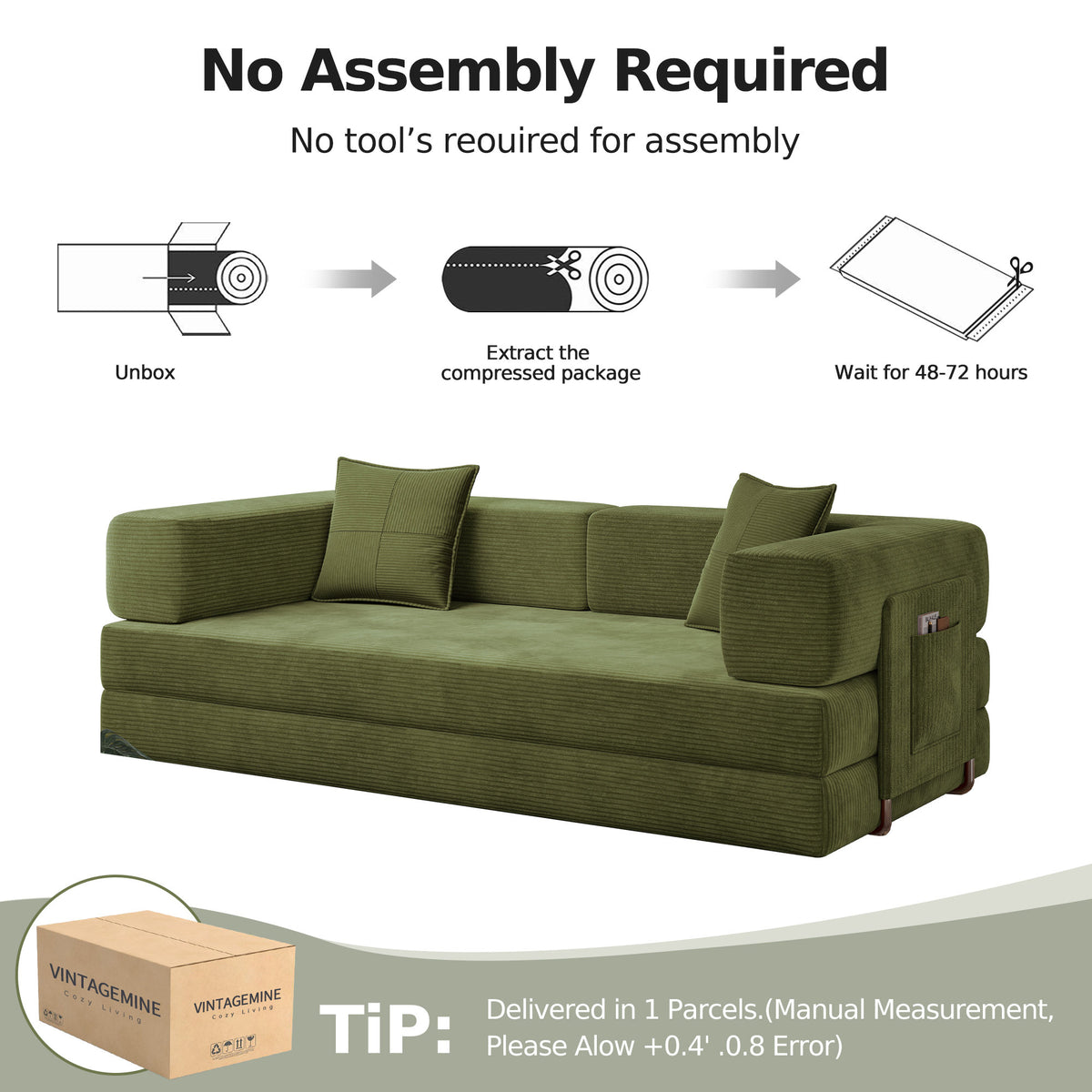 79-Inch Teddy Couch Convertible Sleeper Sofa Bed, 5-in-1 Corduroy Floor Sofa with High-Density Foam, Metal Back and Arm Supports, Washable Cover and Side Pockets, Green