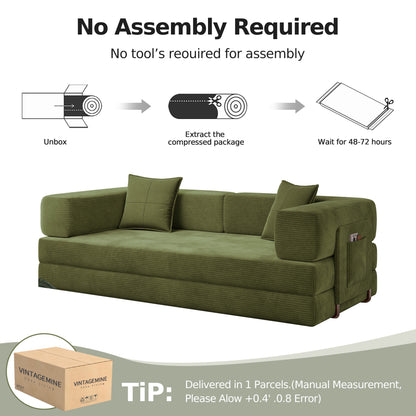 79-Inch Teddy Couch Convertible Sleeper Sofa Bed, 5-in-1 Corduroy Floor Sofa with High-Density Foam, Metal Back and Arm Supports, Washable Cover and Side Pockets, Green
