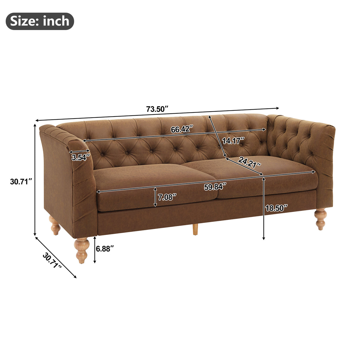 73.5'' Chesterfield Sofa PU Upholstered Couch with Flared Arms, Tufted Back & Natural Rubberwood Legs Multi Cushion Seat Sofa for Living Room and Home Lounge, Brown