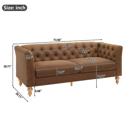 73.5'' Chesterfield Sofa PU Upholstered Couch with Flared Arms, Tufted Back & Natural Rubberwood Legs Multi Cushion Seat Sofa for Living Room and Home Lounge, Brown