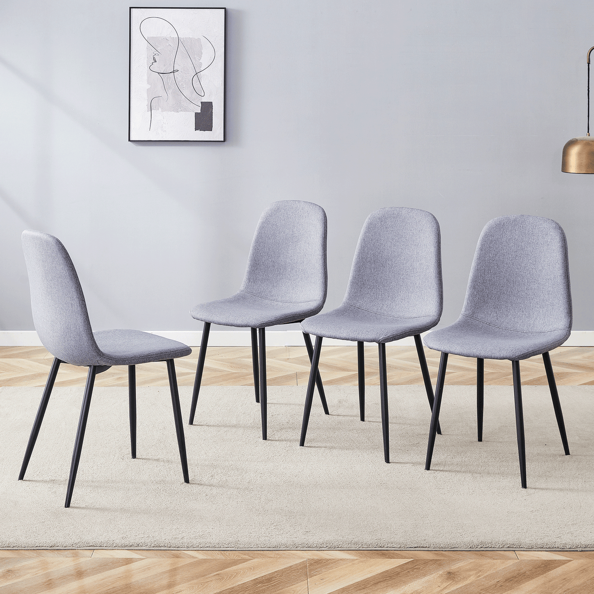 Luxury Simple Chair - Set of 4 Light Gray Linen-Cotton Material High Resilience Dining Chair with Metal Black Leg.Integral metal leg architecture,Suitable for various interior decoration styles.