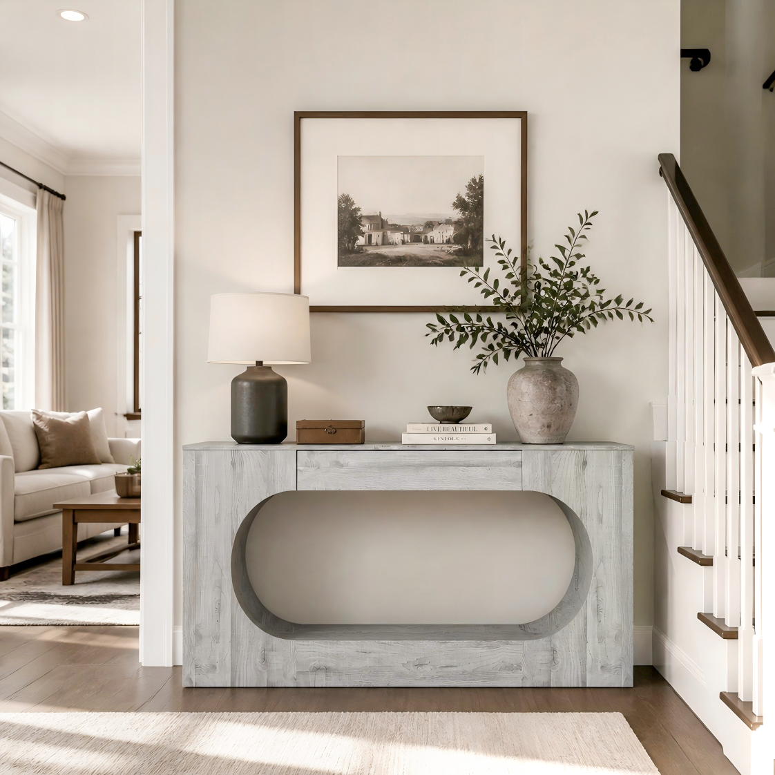 Modern Grey Wood Grain Console Table, Particle Board Entryway Table with Storage Drawer, Hollow Oval Cutout Narrow Sofa Accent Table for Hall Foyer Li