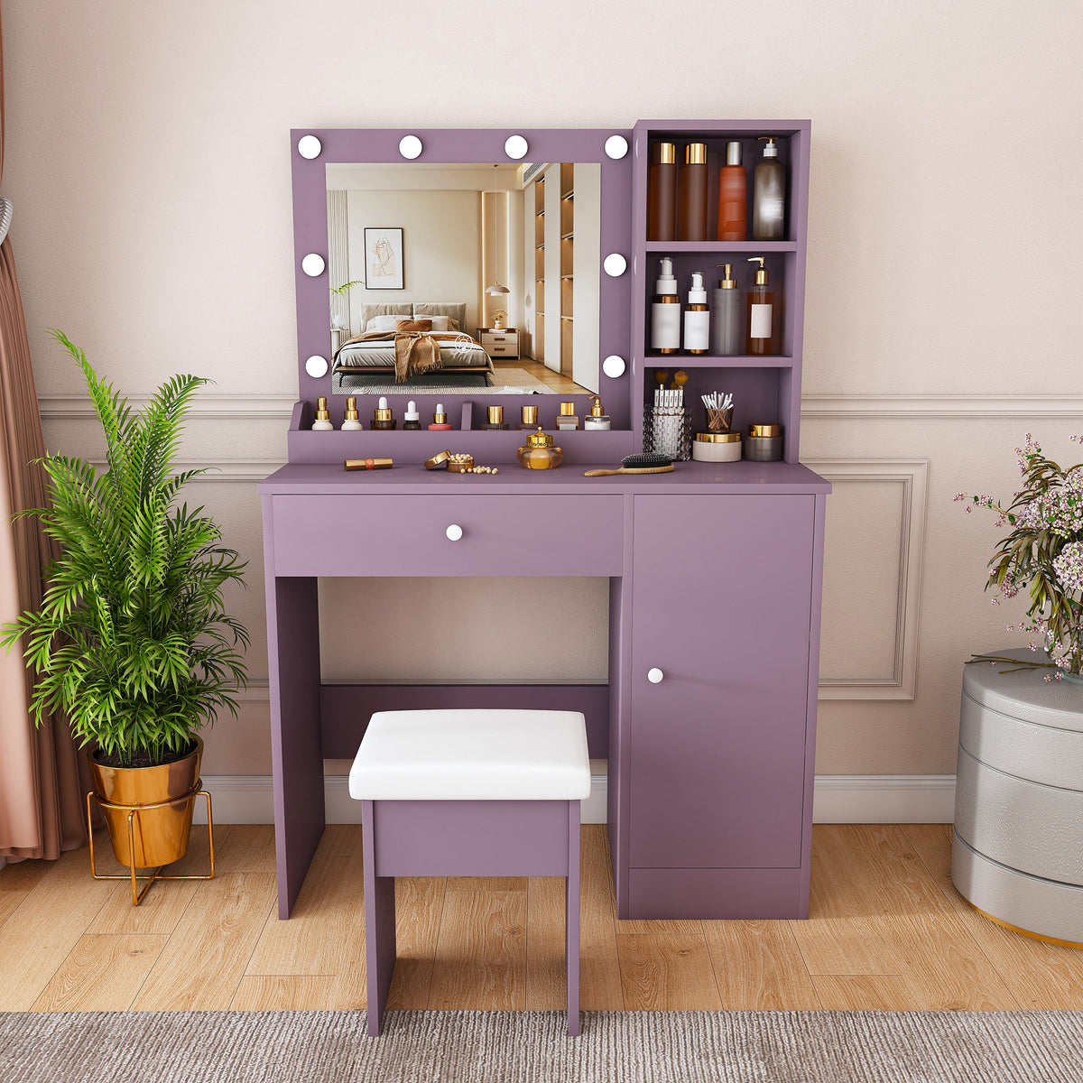 Modern Purple Vanity Desk Set with Padded Stool and Adjustable LED Mirror, 3 Color Light Modes, MDF Construction