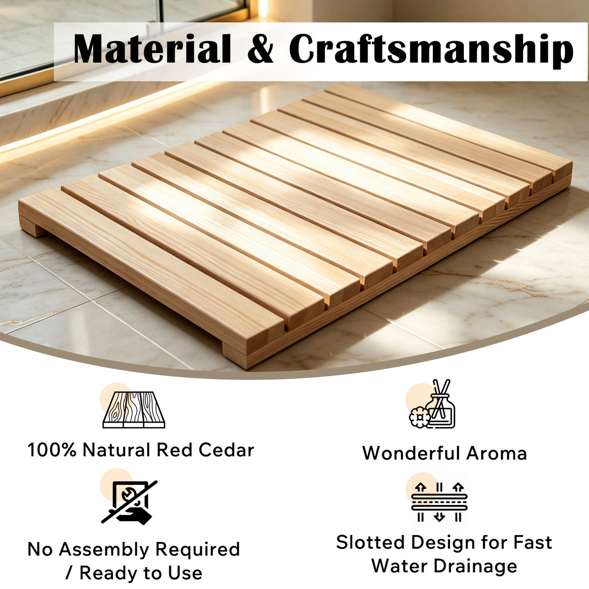 Cedar Wood Shower Mat - Non-Slip Slatted Wooden Bath Mat with Rubber Feet, 24" x 16" Floor Pad for Bathroom, Bathtub, Spa, Sauna & Garden, Indoor/Outdoor Use