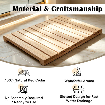 Cedar Wood Shower Mat - Non-Slip Slatted Wooden Bath Mat with Rubber Feet, 24" x 16" Floor Pad for Bathroom, Bathtub, Spa, Sauna & Garden, Indoor/Outdoor Use