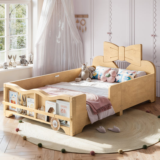 Twin Size Kids Platform Bed with Full Surround Guardrails, Cute Bowknot Shaped Headboard & Built-in Side Bookshelf, Natural Wood Finish Floor Bed, No Box Spring Needed and low profile design. Natural