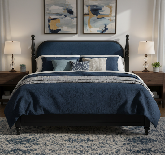 King Bed Frame, Solid Wood Platform with Slats, Modern Navy Blue & Black Bedroom Furniture, No Box Spring Needed