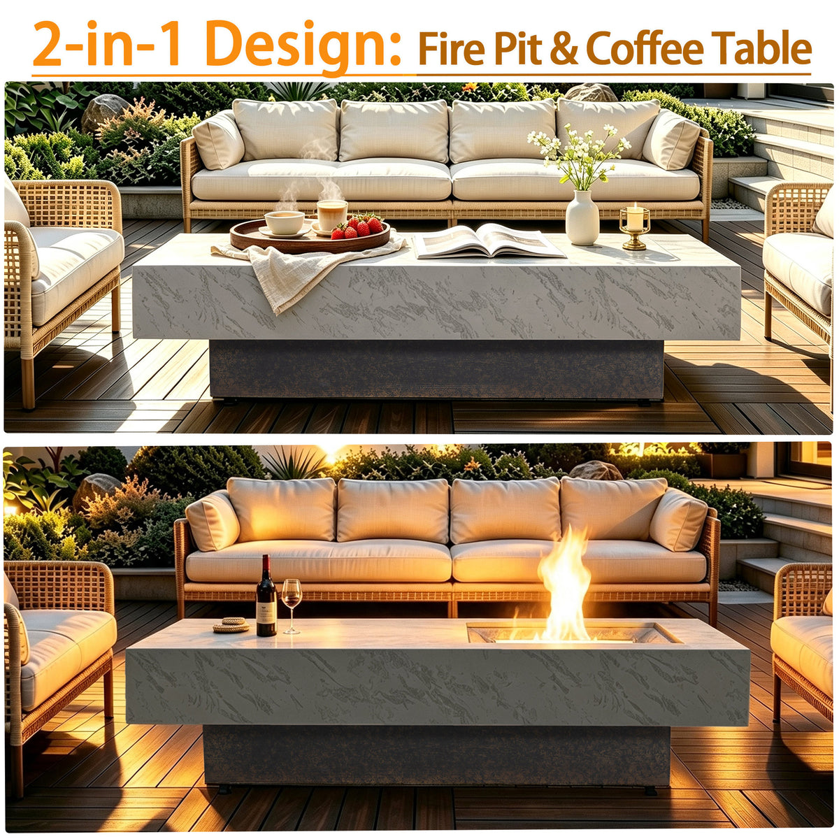 Rectangle Propane Fire Pit Table, Modern 2‑in‑1 Outdoor Firepit Table with 3‑Level Adjustable Height for Patio Backyard Gathering