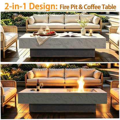 Rectangle Propane Fire Pit Table, Modern 2‑in‑1 Outdoor Firepit Table with 3‑Level Adjustable Height for Patio Backyard Gathering