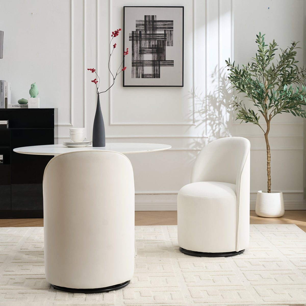 Mid Century Modern Velvet Barrel Chair, 360 Degree Swivel Armless Dining Chair in Cream, Metal and Wood Frame with High-Density Sponge Cushion