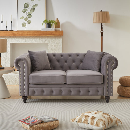 FX 63.5" modern design chesterfield sofa, velvet sofa button design living room sectional sofa, button tufted with nail design arms with 2 pillows, upholstered fabric and wood legs W1926S00061