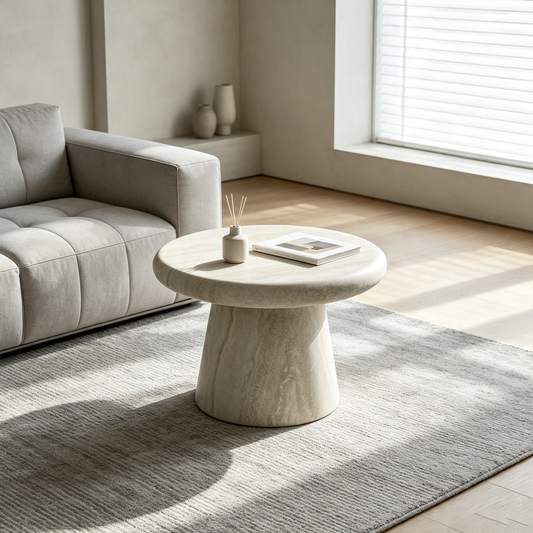 21.65''×21.65''×13.78'' Round Fiberglass Travertine Print Coffee Table, Integrated Cylinder Base Low Profile Accent Table for Living Room, No Need Assembly.