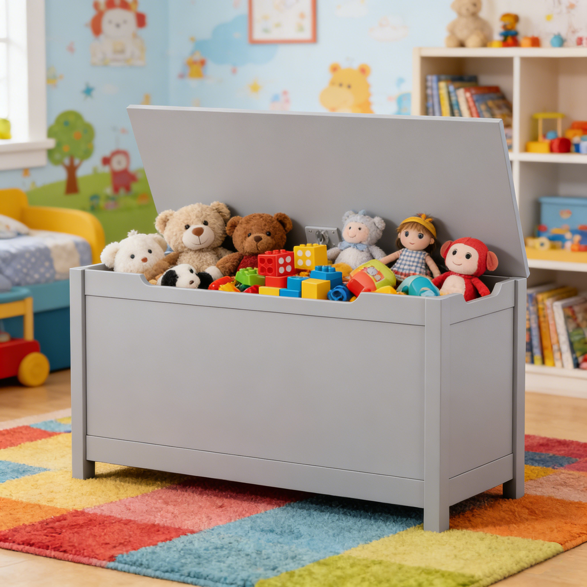 Kids Wooden Toy Box Storage with Safety Hinged Lid in Gray MDF for Ages 2+