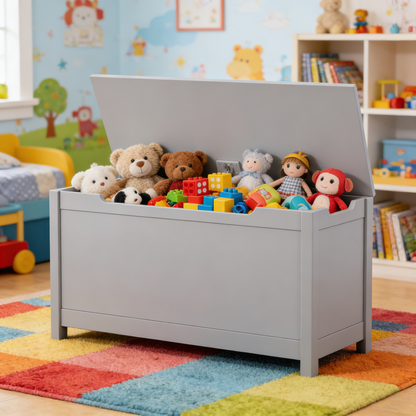 Kids Wooden Toy Box Storage with Safety Hinged Lid in Gray MDF for Ages 2+