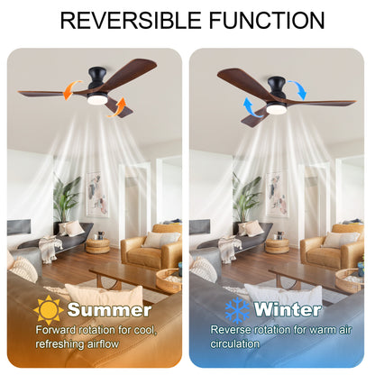 52 Inch Ceiling Fan with LED Light, 3 Solid Wood Blades, Reversible DC Motor, Remote Control, Modern Farmhouse Ceiling Fan for Bedroom Living Room Indoor